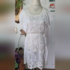 MM Couture by Miss Me Swimsuit Slip Cover Dress Cotton and Lace Ivory Boho sz L